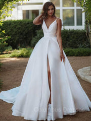 Wedding Dresses V, A-Line/Princess V-neck Sweep Train Satin Wedding Dresses With Leg Slit