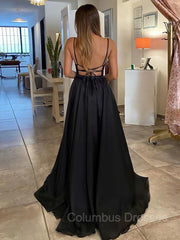 Lace Dress, A-Line/Princess V-neck Sweep Train Sequins Prom Dresses With Leg Slit