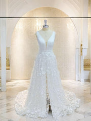 Wedding Dress Ideas, A-Line/Princess V-neck Sweep Train Stretch Crepe Wedding Dresses With Leg Slit