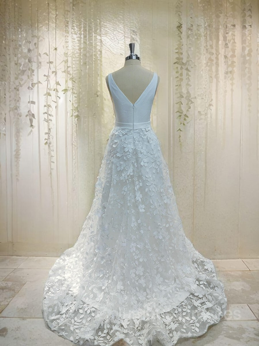 Wedding Dresses Lace, A-Line/Princess V-neck Sweep Train Stretch Crepe Wedding Dresses With Leg Slit