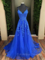 Formal Dress Gown, A-Line/Princess V-neck Sweep Train Tulle Evening Dresses With Appliques Lace