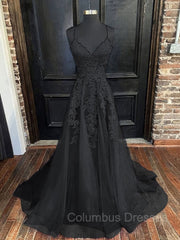 Formal Dresses Gowns, A-Line/Princess V-neck Sweep Train Tulle Evening Dresses With Appliques Lace