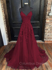 Formal Dress Online, A-Line/Princess V-neck Sweep Train Tulle Evening Dresses With Appliques Lace