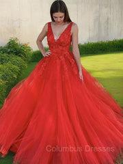 Homecoming Dress With Tulle, A-Line/Princess V-neck Sweep Train Tulle Evening Dresses With Appliques Lace