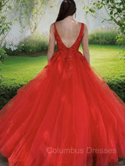Homecoming Dresses With Tulle, A-Line/Princess V-neck Sweep Train Tulle Evening Dresses With Appliques Lace
