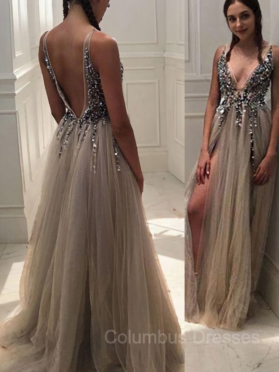 Cute Dress, A-Line/Princess V-neck Sweep Train Tulle Evening Dresses With Rhinestone