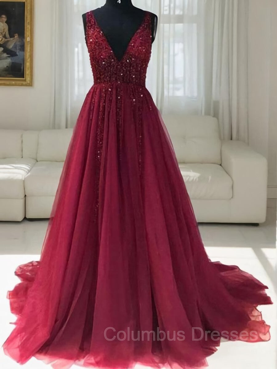 Pink Prom Dress, A-Line/Princess V-neck Sweep Train Tulle Evening Dresses With Ruffles