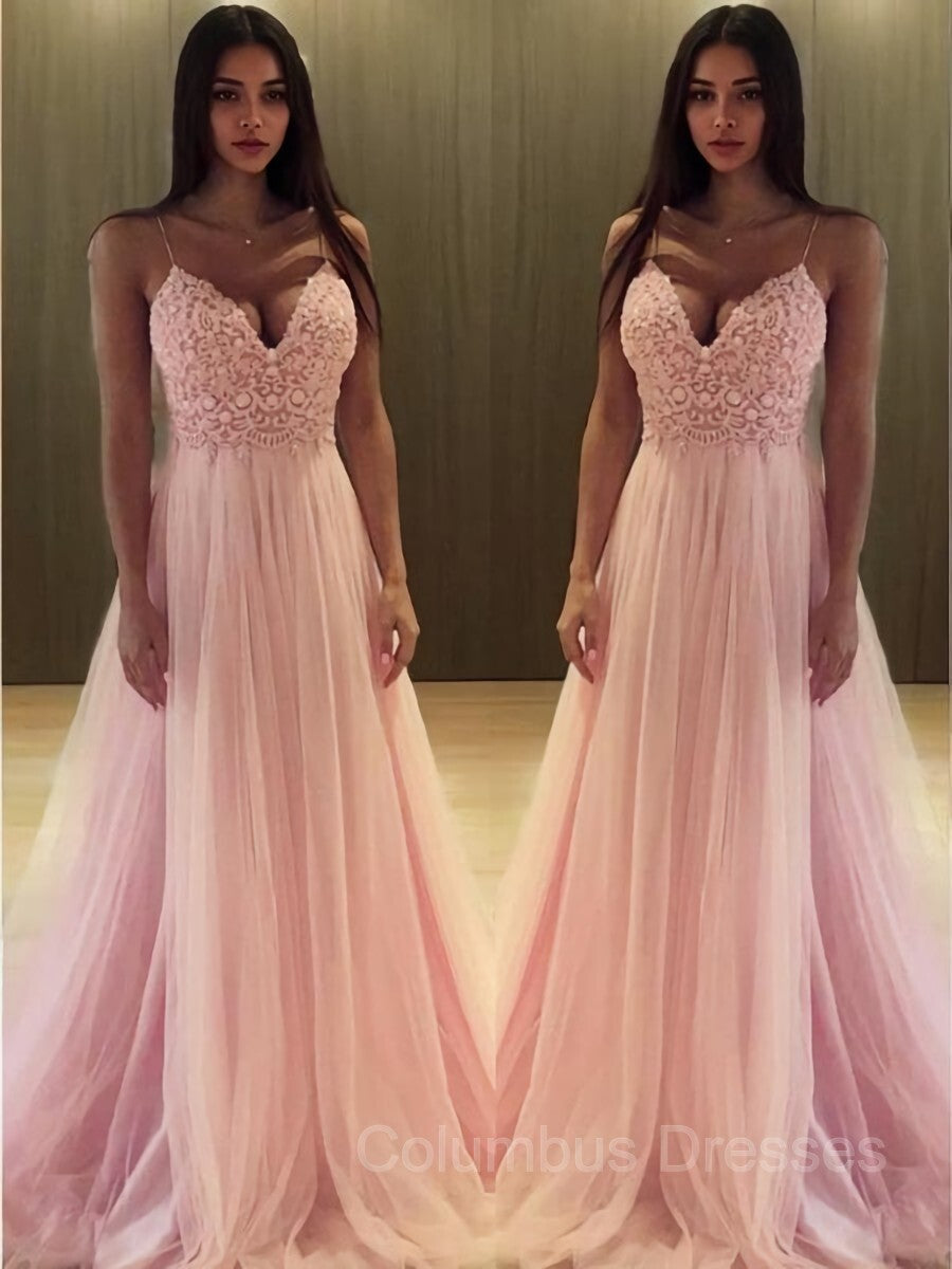 Prom Dresses Beautiful, A-Line/Princess V-neck Sweep Train Tulle Prom Dresses