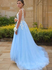 Semi Formal Outfit, A-Line/Princess V-neck Sweep Train Tulle Prom Dresses With Appliques Lace