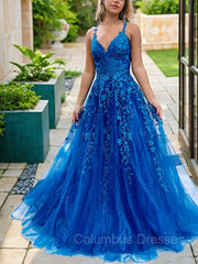 Party Outfit Night, A-Line/Princess V-neck Sweep Train Tulle Prom Dresses With Appliques Lace