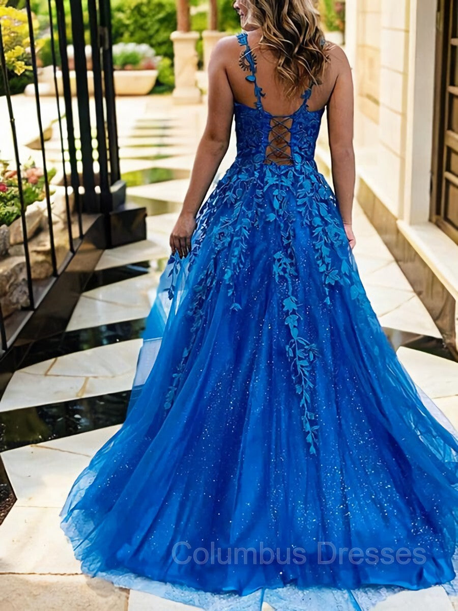 Formal Attire, A-Line/Princess V-neck Sweep Train Tulle Prom Dresses With Appliques Lace