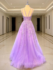 Party Dress Ideas For Winter, A-Line/Princess V-neck Sweep Train Tulle Prom Dresses With Appliques Lace