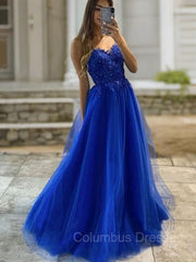 Party Dress For Cocktail, A-Line/Princess V-neck Sweep Train Tulle Prom Dresses With Appliques Lace