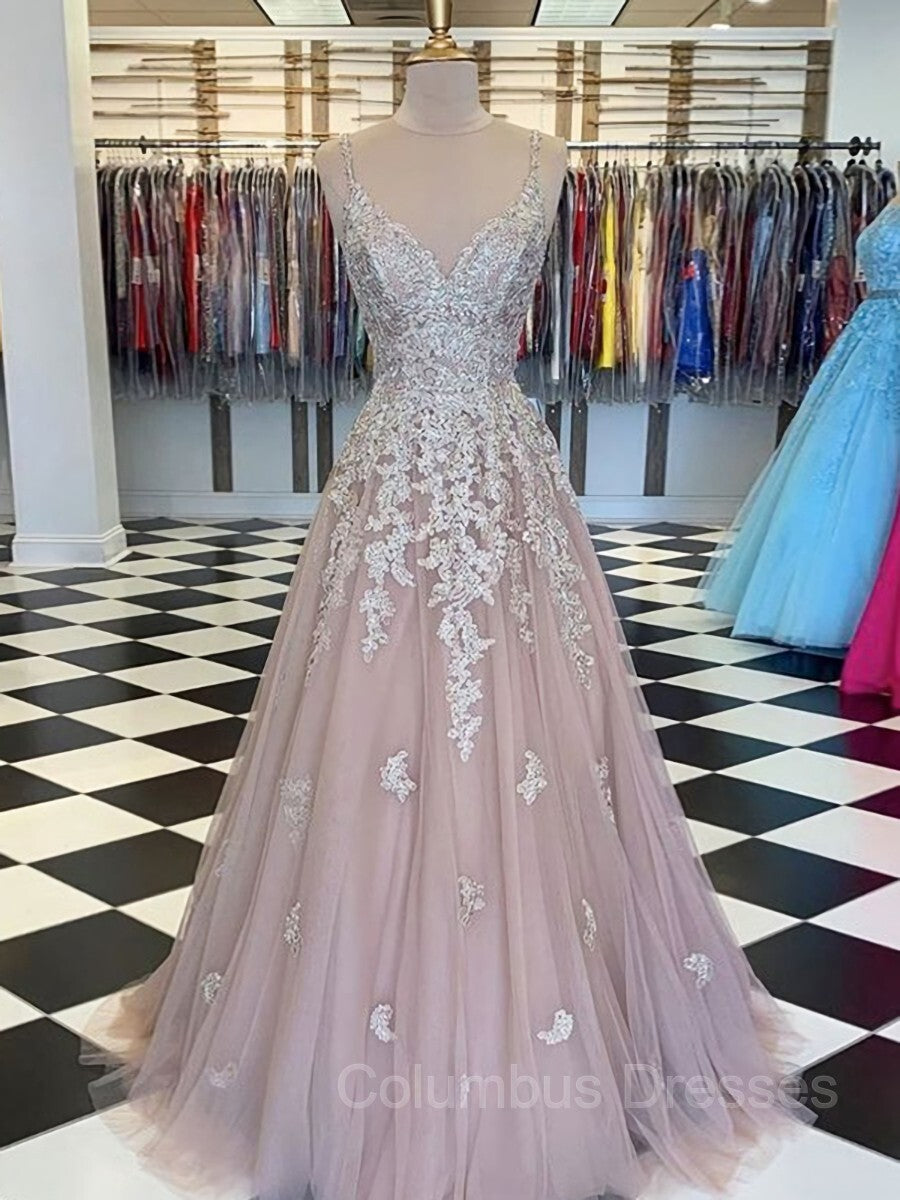Bridesmaid Dress Colours, A-Line/Princess V-neck Sweep Train Tulle Prom Dresses With Appliques Lace