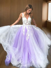 Bridesmaid Dresses Near Me, A-Line/Princess V-neck Sweep Train Tulle Prom Dresses With Appliques Lace
