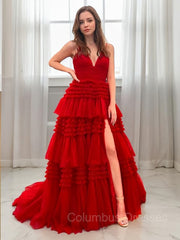 Prom Dresses Shopping, A-Line/Princess V-neck Sweep Train Tulle Prom Dresses With Leg Slit