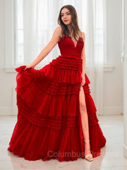 Prom Dresses Inspired, A-Line/Princess V-neck Sweep Train Tulle Prom Dresses With Leg Slit