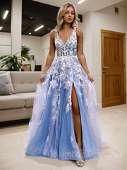 Evening Dresses For Sale, A-Line/Princess V-neck Sweep Train Tulle Prom Dresses With Leg Slit