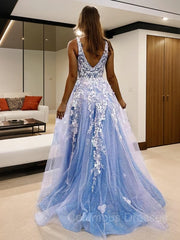 Evening Dress Store, A-Line/Princess V-neck Sweep Train Tulle Prom Dresses With Leg Slit