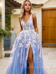 Evening Dress Stores, A-Line/Princess V-neck Sweep Train Tulle Prom Dresses With Leg Slit