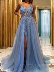 Classy Gown, A-Line/Princess V-neck Sweep Train Tulle Prom Dresses With Leg Slit