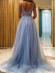 Dress Casual, A-Line/Princess V-neck Sweep Train Tulle Prom Dresses With Leg Slit