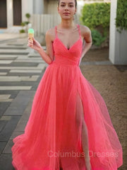 Bridesmaides Dresses Green, A-Line/Princess V-neck Sweep Train Tulle Prom Dresses With Leg Slit