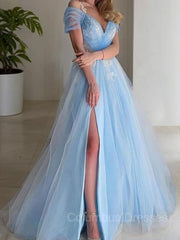 Bridesmaid Dressing Gowns, A-Line/Princess V-neck Sweep Train Tulle Prom Dresses With Leg Slit