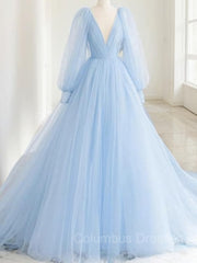Gown Dress Elegant, A-Line/Princess V-neck Sweep Train Tulle Prom Dresses With Ruffles