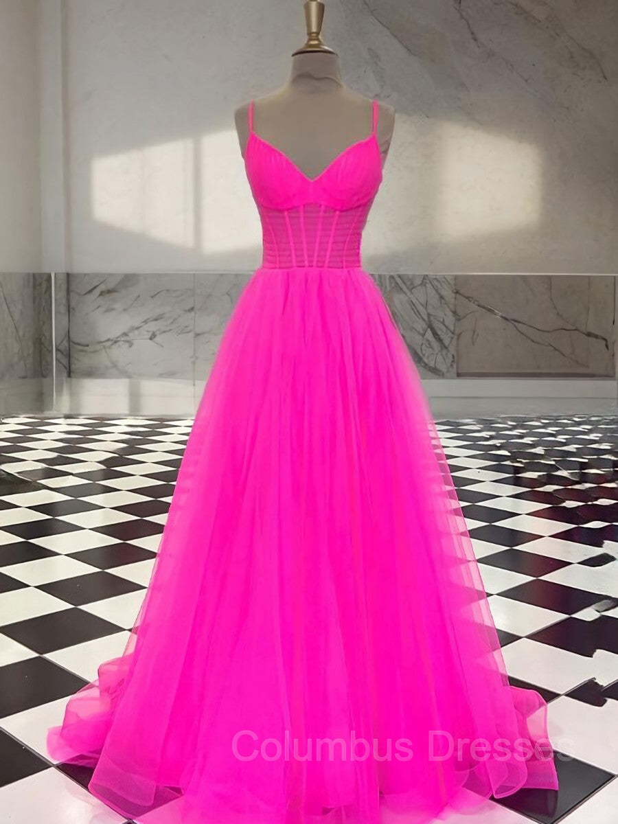 Bridesmaids Dresses Color, A-Line/Princess V-neck Sweep Train Tulle Prom Dresses With Ruffles