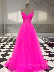 Bridesmaids Dresses Color, A-Line/Princess V-neck Sweep Train Tulle Prom Dresses With Ruffles