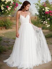 Wedding Dresses Girls, A-Line/Princess V-neck Sweep Train Tulle Wedding Dresses