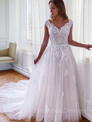 Wedding Dresses Shoulder, A-Line/Princess V-neck Sweep Train Tulle Wedding Dresses