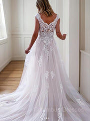 Wedding Dress Shoulders, A-Line/Princess V-neck Sweep Train Tulle Wedding Dresses