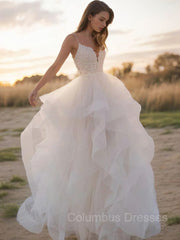 Wedding Dresses For Bride Boho, A-Line/Princess V-neck Sweep Train Tulle Wedding Dresses