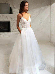 Wedding Dresses Sales, A-Line/Princess V-neck Floor-Length Tulle Wedding Dresses