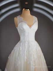 Wedding Dresses Sleeve Lace, A-Line/Princess V-neck Sweep Train Tulle Wedding Dresses with Appliques Lace