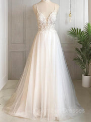 Wedding Dresses Laced Sleeves, A-Line/Princess V-neck Sweep Train Tulle Wedding Dresses With Appliques Lace
