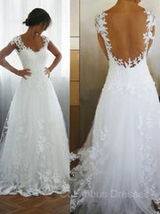 Weddings Dresses Lace, A-Line/Princess V-neck Sweep Train Tulle Wedding Dresses With Appliques Lace