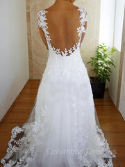 Wedding Dresses For Fall Wedding, A-Line/Princess V-neck Sweep Train Tulle Wedding Dresses With Appliques Lace