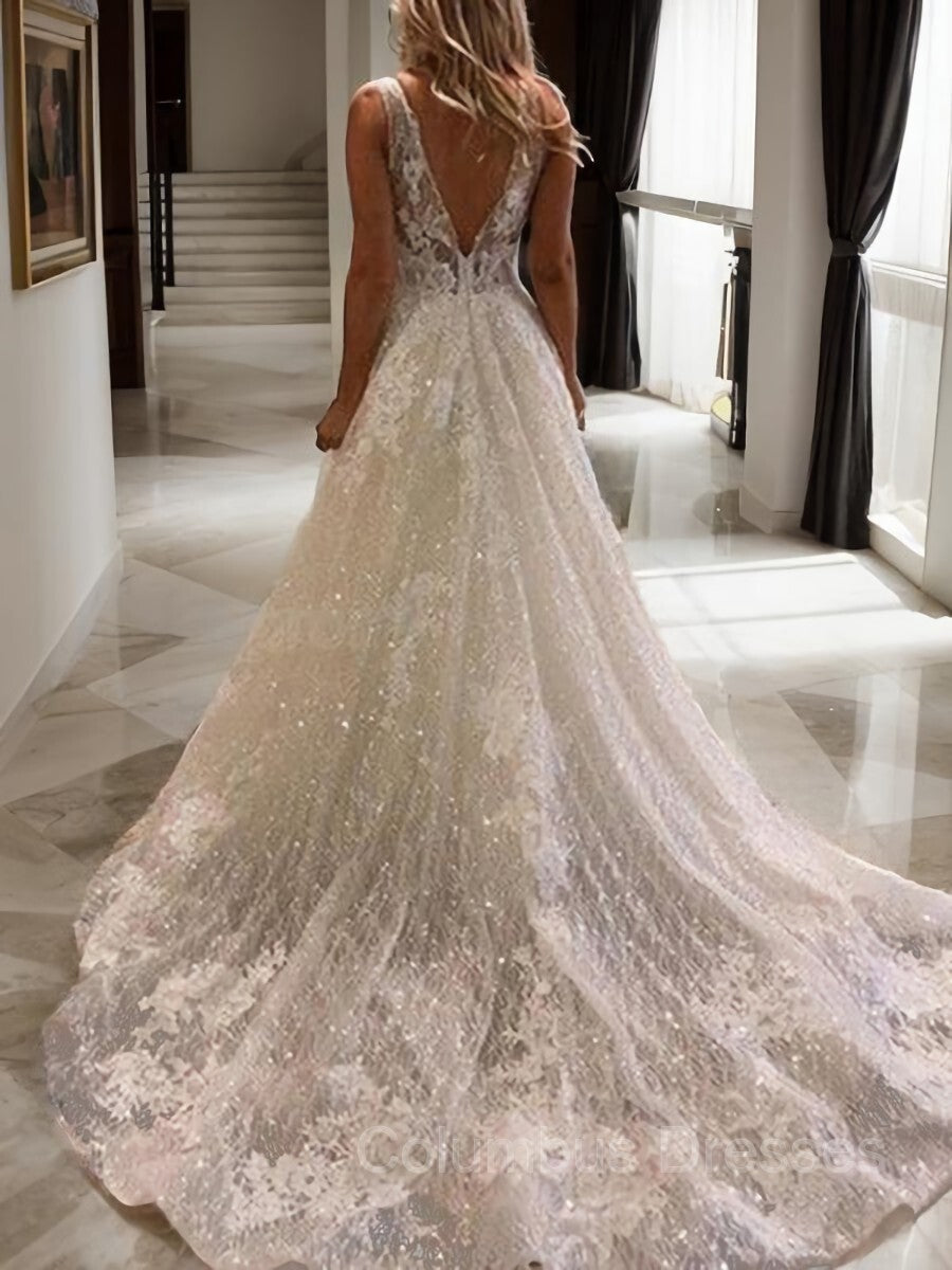 Wedding Dress Style 2026, A-Line/Princess V-neck Sweep Train Tulle Wedding Dresses With Appliques Lace