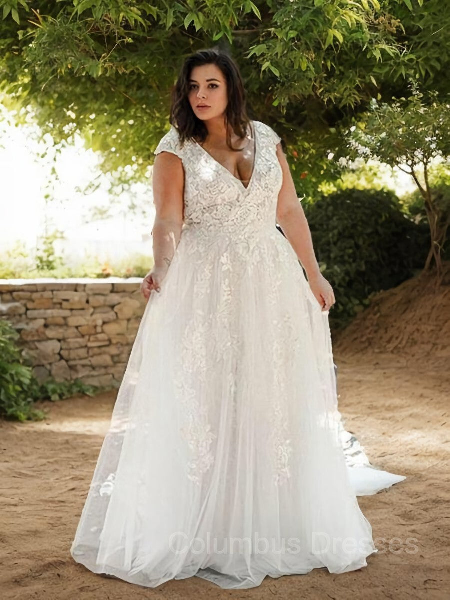 Wedding Dress Online Shopping, A-Line/Princess V-neck Sweep Train Tulle Wedding Dresses With Appliques Lace