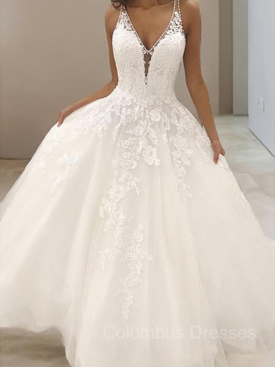 Wedding Dress Store, A-Line/Princess V-neck Sweep Train Tulle Wedding Dresses With Appliques Lace