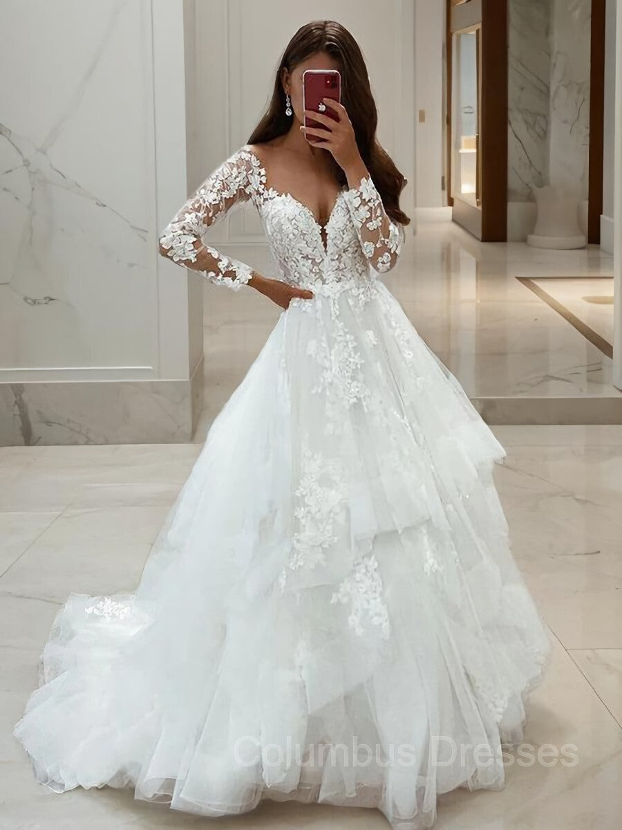 Wedding Dress Open Back, A-Line/Princess V-neck Sweep Train Tulle Wedding Dresses With Appliques Lace