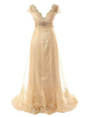 Wedding Dress For Fall Wedding, A-Line/Princess V-neck Sweep Train Tulle Wedding Dresses With Beading