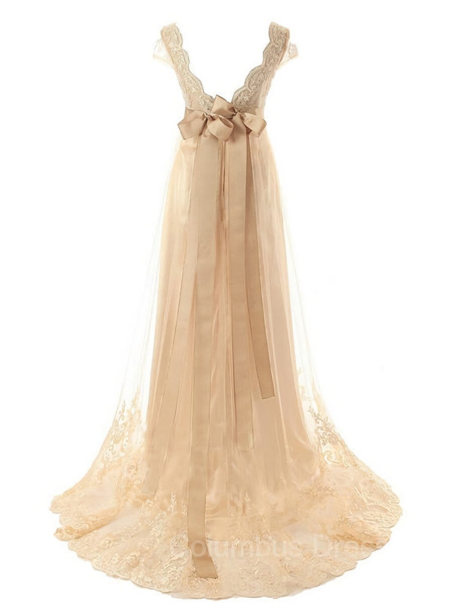 Wedding Dress Petite, A-Line/Princess V-neck Sweep Train Tulle Wedding Dresses With Beading