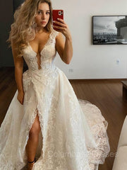 Wedding Dresses With Sleeves, A-Line/Princess V-neck Sweep Train Tulle Wedding Dresses With Leg Slit