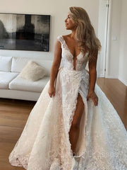 Wedding Dress Inspiration, A-Line/Princess V-neck Sweep Train Tulle Wedding Dresses With Leg Slit