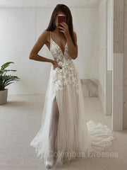 Wedding Dresses Silk, A-Line/Princess V-neck Court Train Tulle Wedding Dresses With Leg Slit