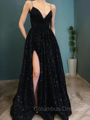 Prom Dress Long Elegent, A-Line/Princess V-neck Sweep Train Velvet Sequins Prom Dresses With Leg Slit